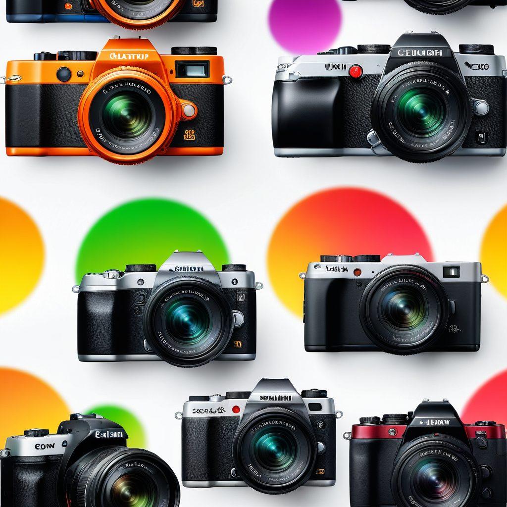 A visually striking, split-screen comparison of a DSLR and a compact camera, showcasing their unique features. Include a vibrant bokeh background with stunning nature photographs taken with each camera type, highlighting their capabilities. Add illuminated icons representing various camera settings around them, like aperture and shutter speed. super-realistic. vibrant colors. white background.