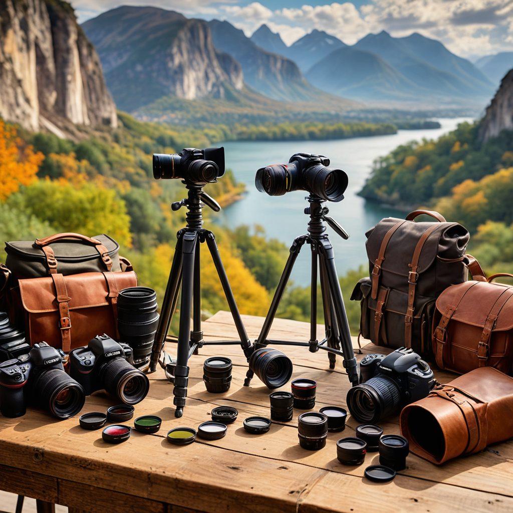 A diverse array of photography accessories including tripods, camera bags, lenses, and filters, spread out on a wooden table. In the background, a scenic landscape or urban setting reflects the various types of photography – nature, street, and portrait. A photographer is adjusting their camera, fully immersed in capturing the scene. The image has an inviting atmosphere with warm lighting and hints of vibrant colors from the accessories. super-realistic. vibrant colors. natural lighting.