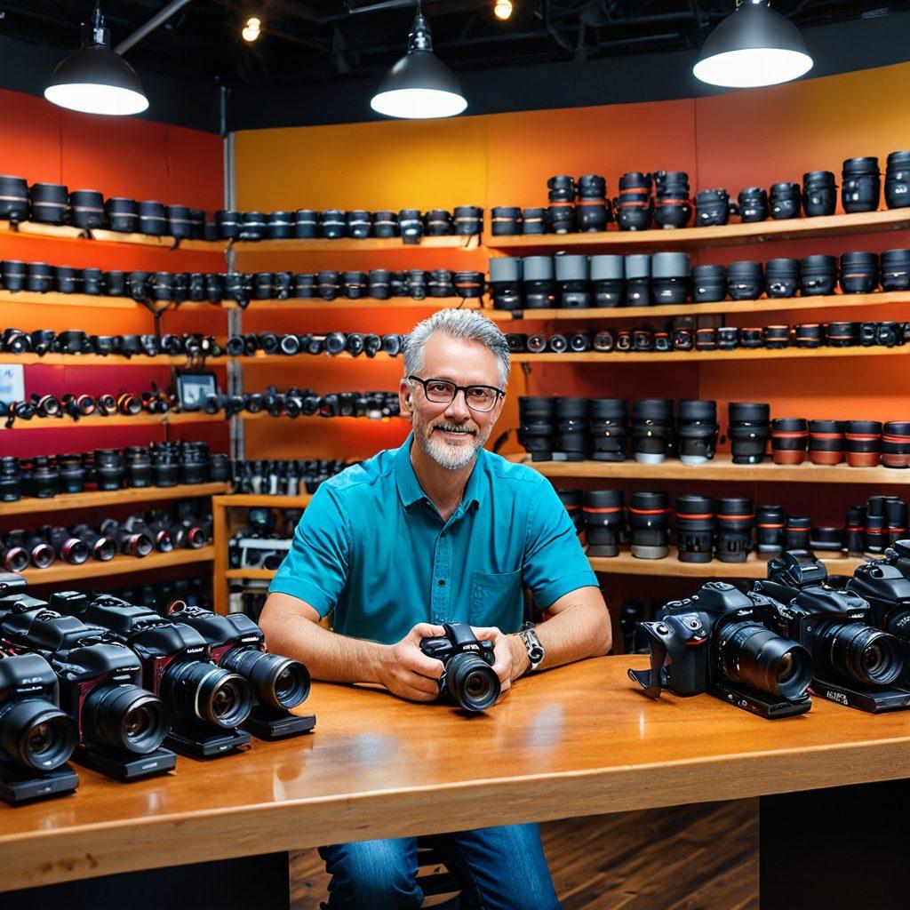 A photographer exploring a vibrant camera shop filled with an array of cameras, lenses, and accessories. The scene captures a sense of excitement, showcasing various DSLR and mirrorless cameras prominently, with colorful lenses and tripods on display. The background features a beautiful large window letting in natural light, highlighting the textures of the cameras. Include a thoughtful expression on the photographer's face as they contemplate their choices. super-realistic. vibrant colors. bright indoor lighting.